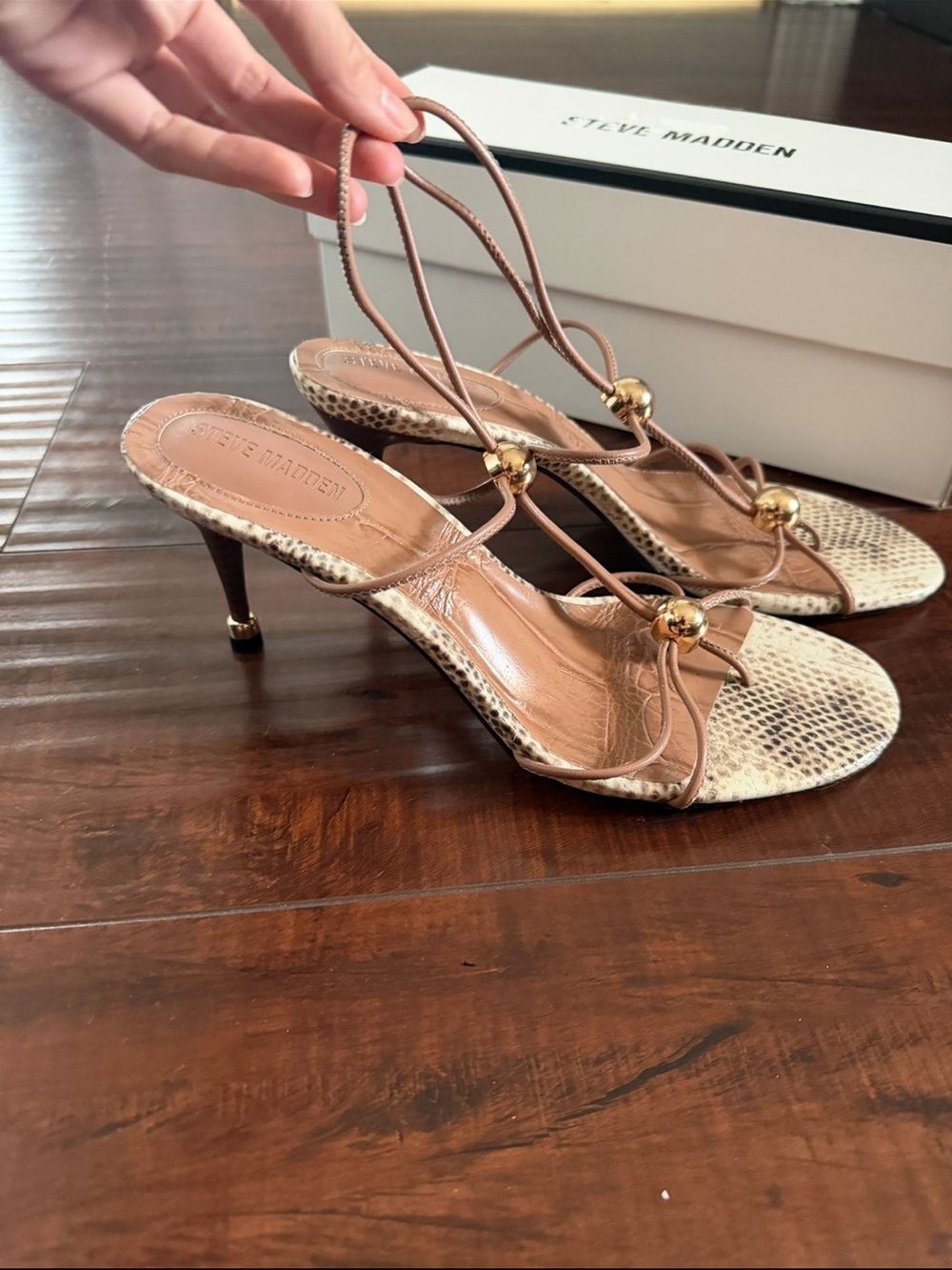 Steve Madden Ramos Tan Brown Snake-Print Strappy Heels with Gold Accents - Picture 3 of 6